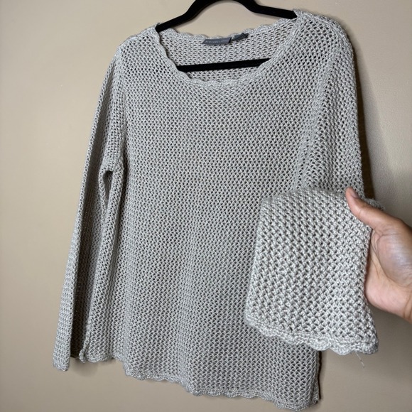 Relativity Sweaters - Relativity Women Large Open Knit Crochet Sweater Beige Scalloped Top Cottage